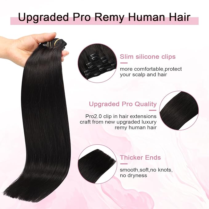 Pro2.0 Clip in Hair Extensions Real Human Hair 20inch 7pcs Color #1B Natural Black Remy Real Human Hair Extensions Clip ins 120g Thick Seamless Double Weft for Women（#1B-20inch）