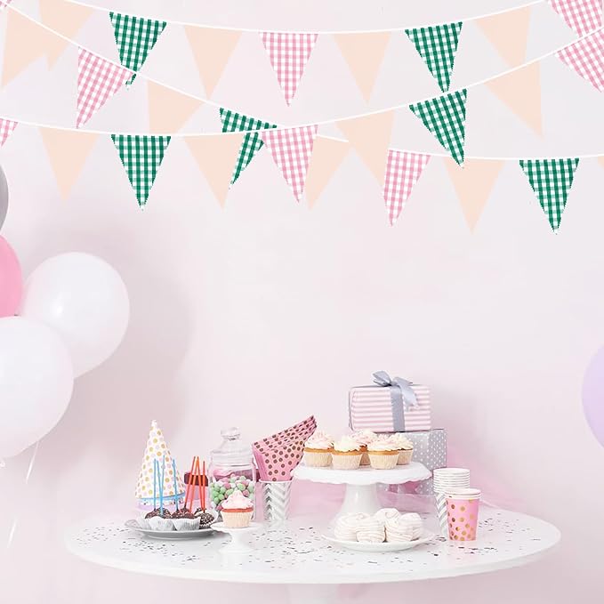 32Ft Pink Green Gingham Camp Bride Banner Green Pink Plaid Checkered Fabric - Image 4