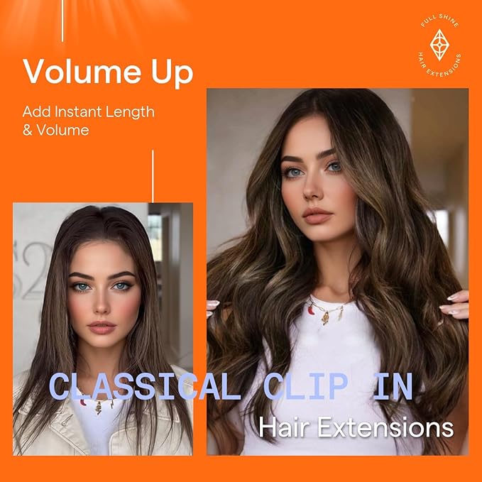 Full Shine Dark Brown Human Hair Clip in Extensions Double Weft Clip in Hair Extensions Real Human Hair Balayage Brown Remy Straight Hair Extensions 20 Inch 7 Pcs 120 G