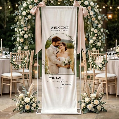 Personalized Wedding Welcome Banner Linen – Custom Names & Date, Elegant Fabric - Image 2