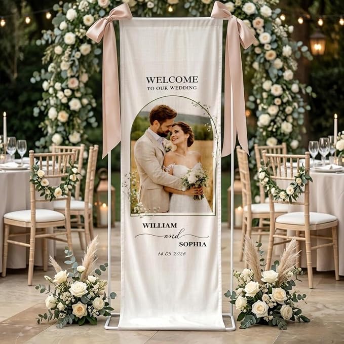 Personalized Wedding Welcome Banner Linen – Custom Names & Date, Elegant Fabric by Custom