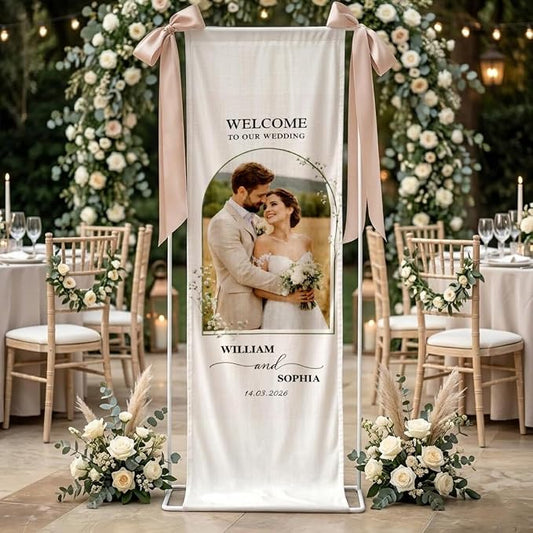 Personalized Wedding Welcome Banner Linen – Custom Names & Date, Elegant Fabric by Custom