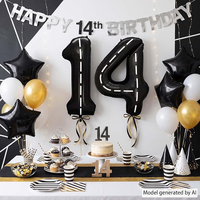 Black and White Stripes Number 14 Balloon 40 Inch, Foil Digits Track Decor | - Image 3
