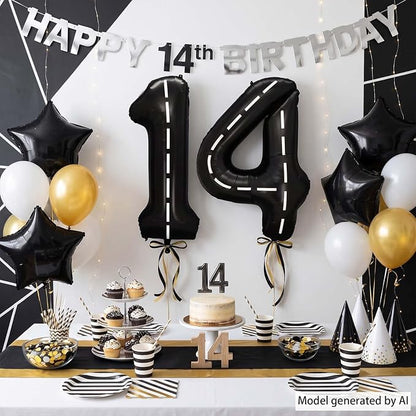 Black and White Stripes Number 14 Balloon 40 Inch, Foil Digits Track Decor | - Image 3