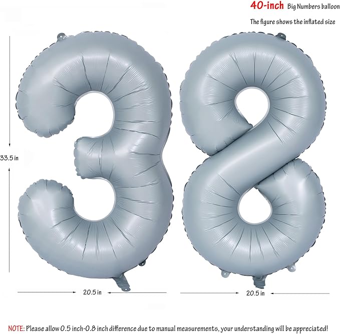 40 In Matte gray Number Balloon Helium Foil Mylar Birthday Balloon Digit 38 | - Image 2