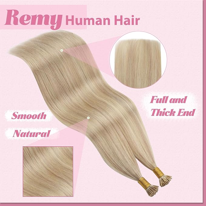 YoungSee I Tip Hair Extensions Human Hair Blonde I Tip Extensions Ash Blonde Highlight Bleach Blond Itip Human Hair Extension 14 Inch 80s 50g I-Tips Extension Remy Human Hair