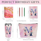 Personalized Gifts Monogrammed Birthday Gifts for Women, Her, Teacher Mother in Law Wedding Christmas Initial 20 oz Tumbler, Makeup Bag Cup Pens Journal Notebook 6 Set, (Aesthetic Pink Flower M)