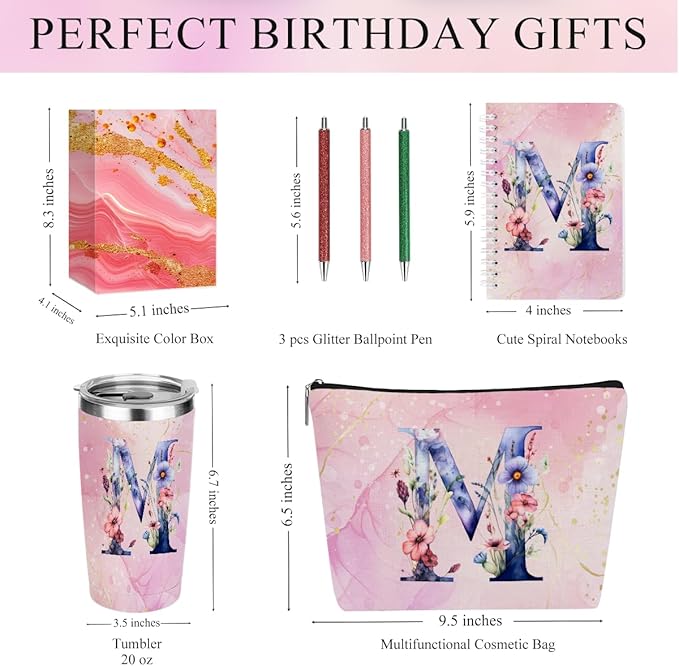 Personalized Gifts Monogrammed Birthday Gifts for Women, Her, Teacher Mother in Law Wedding Christmas Initial 20 oz Tumbler, Makeup Bag Cup Pens Journal Notebook 6 Set, (Aesthetic Pink Flower M)
