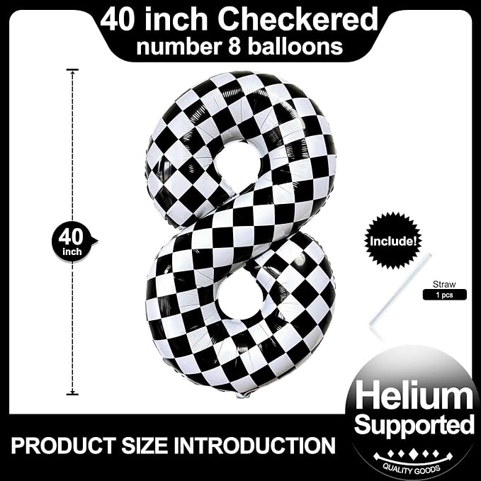 LHOAVWE Checkered Number 8 Balloons 40 Inch Giant Race Car Checkered 8 Balloons - Image 2