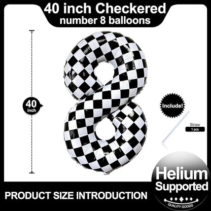 LHOAVWE Checkered Number 8 Balloons 40 Inch Giant Race Car Checkered 8 Balloons - Image 2