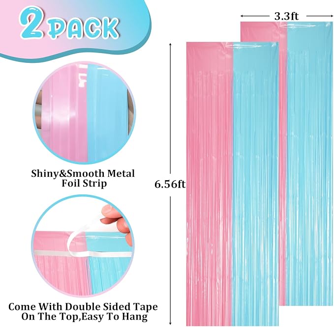 Voircoloria Pastel Blue Pink Fringe Backdrop Curtains, 2 Pack | Tinsel Streamers - Image 2