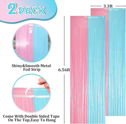 Voircoloria Pastel Blue Pink Fringe Backdrop Curtains, 2 Pack | Tinsel Streamers - Image 2