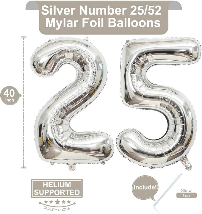40 Inch Silver 25 Number Balloons Giant Jumbo Huge 25 or 52 Foil Mylar Helium - Image 2