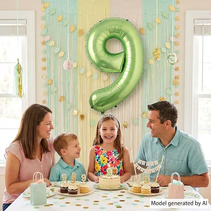 Light Green Number 9 Balloon 40 Inch, Glossy Metallic Digit Party Supplies | - Image 6
