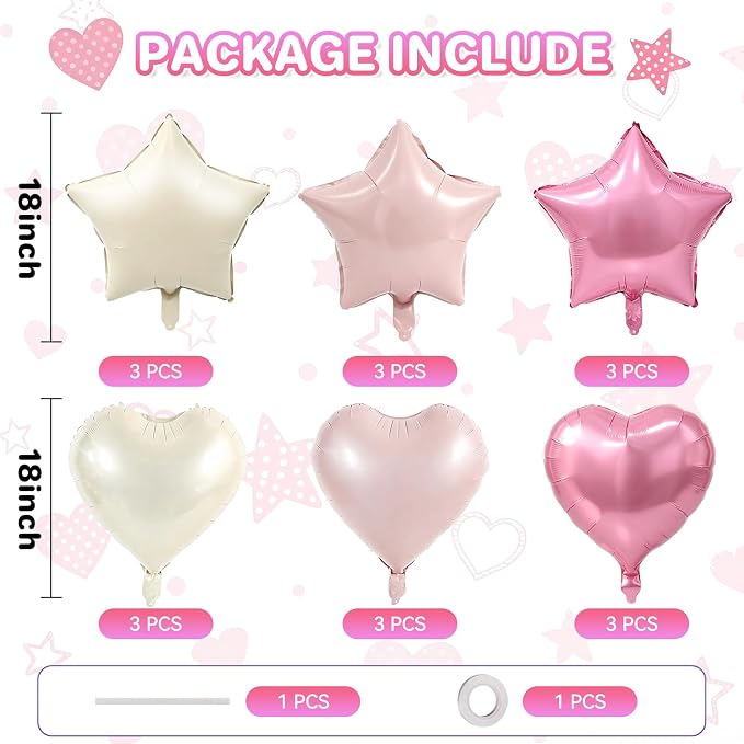 TONIFUL 18 Inch Cream Pink Star and Heart Foil Balloons - Image 2