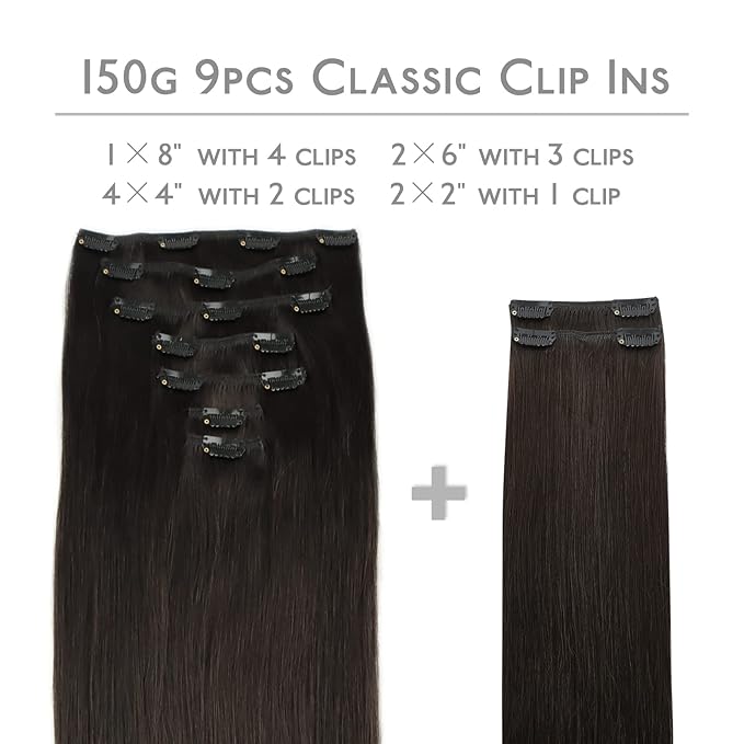 WENNALIFE Clip in Hair Extensions, 150g 22 Inch 9pcs Dark Brown Remy Hair Thicker Double Weft Extensiones De Cabello Humano Con Clip Ins Straight Full Volume