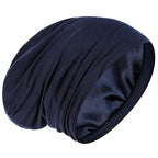 Silk Satin Lined Bonnet Sleep Cap - Adjustable Stay on All Night Hair Wrap Cover Slouchy Beanie for Curly Hair Protection for Women and Men - Solid Navy
