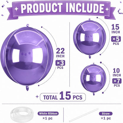 15 Pcs Light Purple Round Foil Balloons, 22/15/10 Inch 4D Ball Balloons Light - Image 2