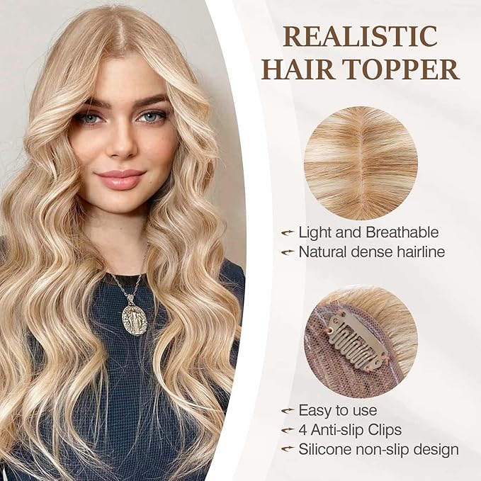 Rich Choices Hair Toppers for Women Real Human Hair 100% Human Remy Toppers NO Bangs with Thinning on Top Clip in Hairpiece 4"x4.7"Lace Base 6 Inch #12P613 Golden Brown Highlights Bleach Blonde