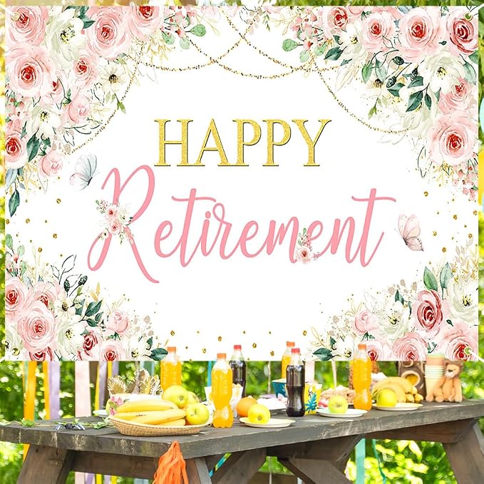 Mocsicka Happy Retirement Backdrop Pink Floral Women Retirement Banner Party - Image 5