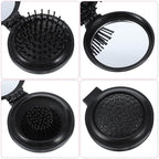2PCS Folding Travel Mirror Hair Brushes, Round Folding Mirror Pocket Hairbrush, Foldable Hair-Brush with Makeup-Mirror for Women, Portable Mini Pop Up Hair-Brushes for Wet and Dry Hair (Black, Pink)
