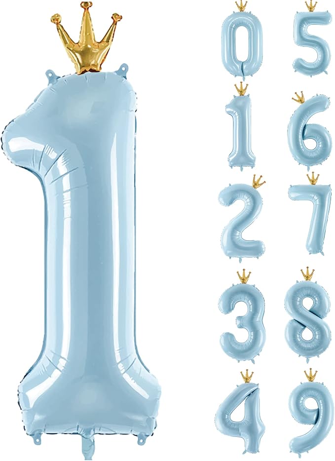 Number 1 Foil Balloon with Crown, 40-Inch Light Blue | Light blue number 1 foil by GifloonOfficial