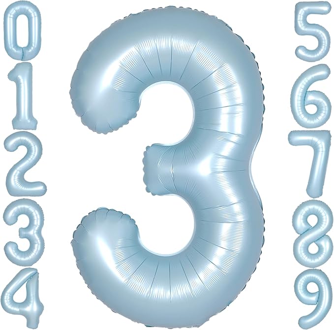 40 Inch Light Blue Number 3 Balloon 0-9 Big Helium Balloons | Large Giant by SULALABOO