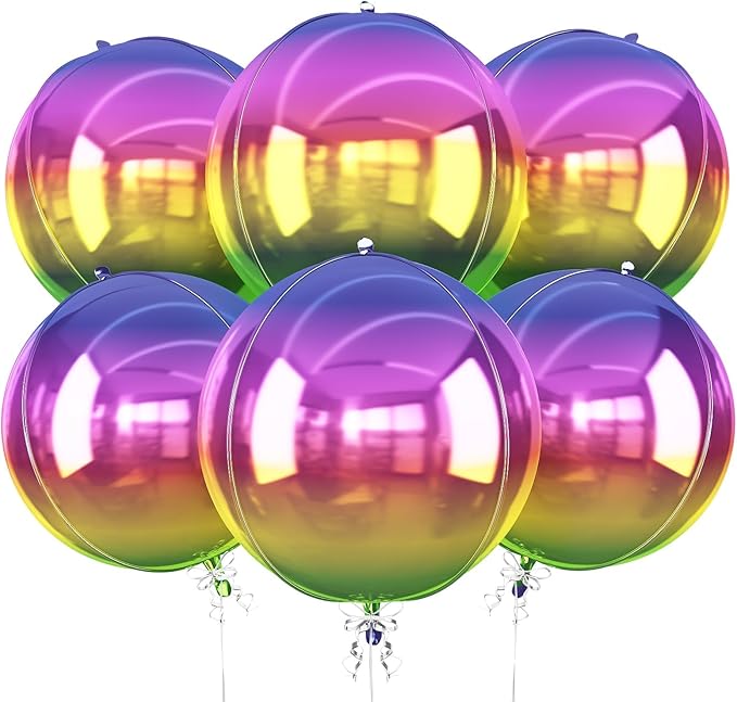 6Pcs Gradient Rainbow Round Foil Balloons, Metallic Multicolor Iridescent Mylar by vibzox