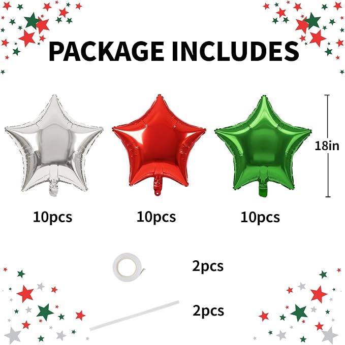 TONIFUL 30 Pcs Star Balloons 18 Inch Large Red Green Silver Foil Balloon | Big - Image 2