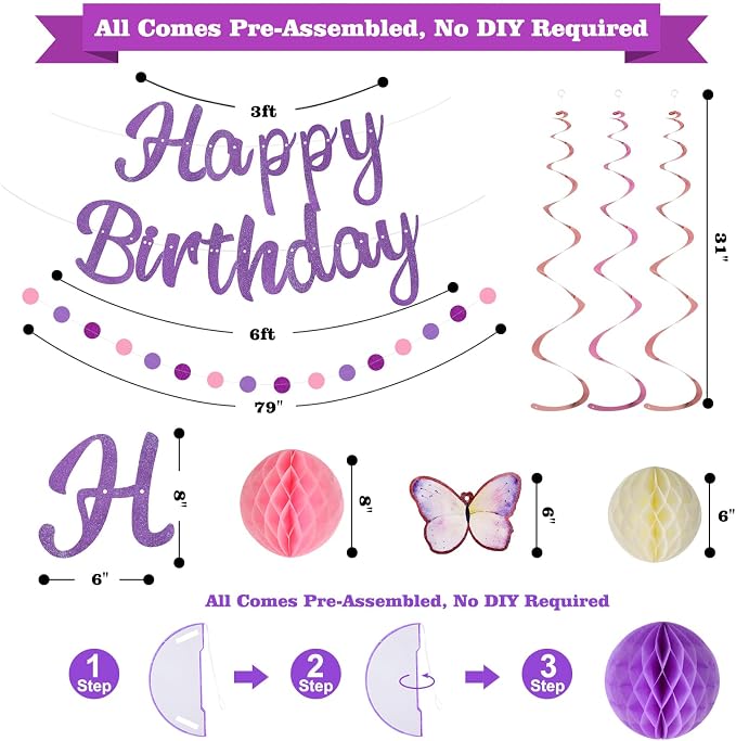 YEOCU Birthday Decorations, No DIY Pre-Strung Happy Birthday Banner | Purple - Image 7