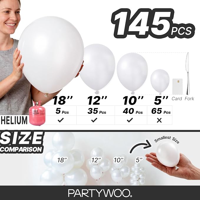 PartyWoo Pearl White Balloons 145pcs Different Sizes Pack of 18 12 10 5 Inch - Image 6