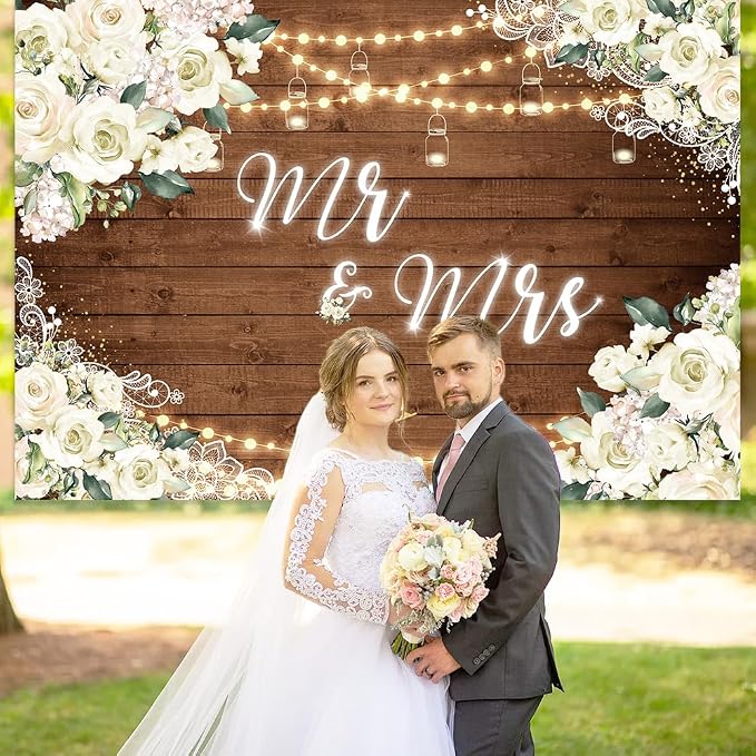 MEHOFOND 7x5ft Mr and Mrs Bridal Shower Backdrop Wedding Decorations Rustic - Image 2
