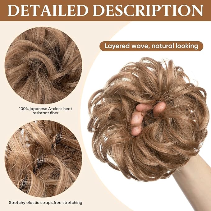 CJL HAIR Large Messy Bun Hair Piece Wavy Curly Scrunchies Synthetic Chignon Ponytail Hair Extensions Thick Updo Hairpieces for Women Grey Multi