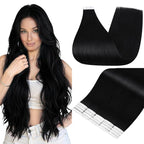 Full Shine Black Tape in Extensions Real Human Hair 24 Inch Color 1 Jet Black Invisible Soft Human Hair Tape in Extensions 20 Pieces 50grams Seamless Skin Weft Remy Extensions Add Length