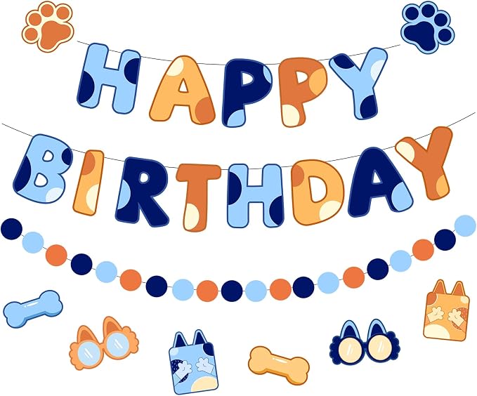 Pre-Strung Happy Birthday Banner, NO DIY Party Decor | Blue Dog Themed Birthday by Danadia