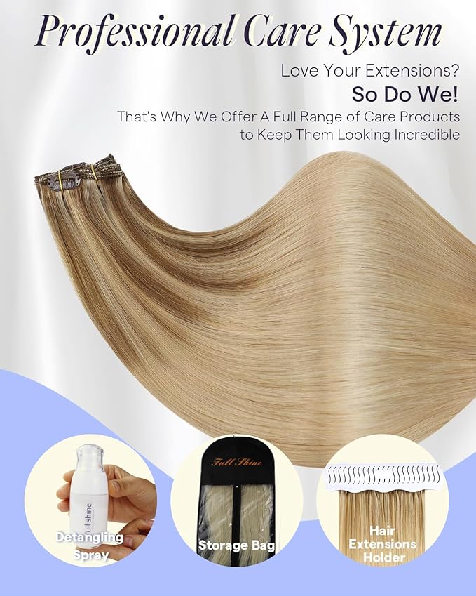 Full Shine Real Hair Clip in Extensions 20 Inch 150 G Balayage Golden Brown To Golden Blonde Clip on Hair Extensions Human Hair 7 Pcs