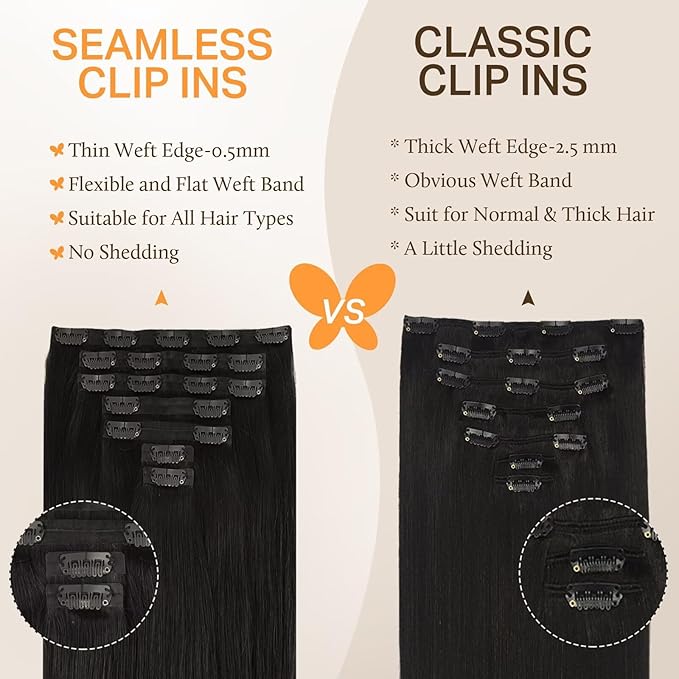 DOORES Clip in Hair Extensions, Natural Black 130g 7pcs 18 Inch, Remy Seamless Clip in Hair Extensions Invisible Edge Natural Weft