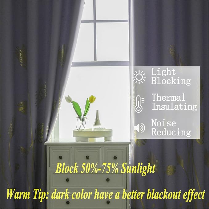 Lilac Blackout Curtains for Bedroom, Room Darkening Gold Palm Tree Pattern - Image 6