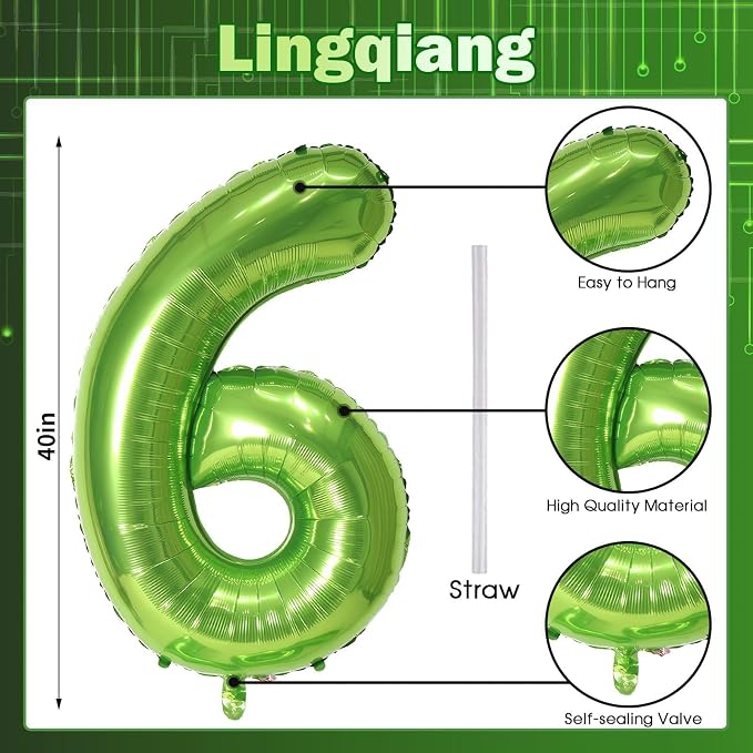 Green Number Balloons, 40inch Large Number 6 Foil Mylar Helium Balloons - Image 2