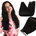 Full Shine Tape in Hair Extensions Human Hair 14Inch Black Remy Human Hair Extensions Invisible Color 1B Natural Tape in Extensions Real Human Hair 20Pcs 50G Double Sided Hair Extension Tape ins