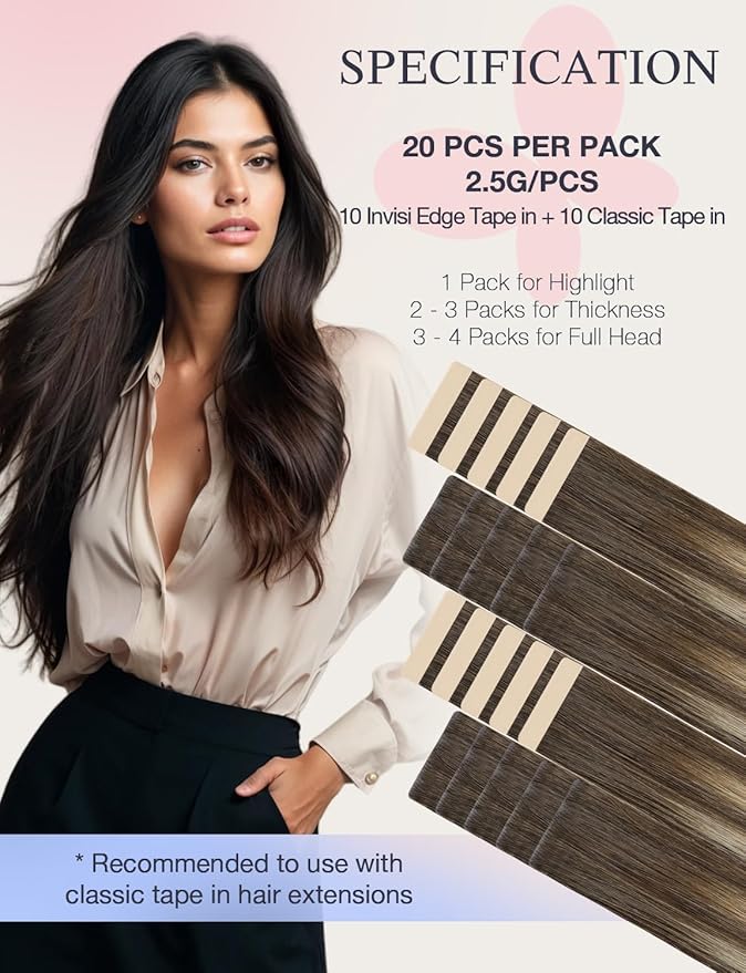 DOORES Invisi Edge Tape in Hair Extensions, Chocolate Brown to Honey Blonde 10 Injection Tape-ins with 10 Classic Tape-ins 50g 24 Inch, Virgin Hair Injection Tape in Extensions
