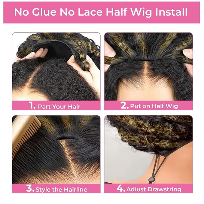 Kinky Curly Half Wig Human Hair 250% Density Ombre Wear Go Glueless Wigs Human Hair Hightlight Blonde Curly 3 In 1 Half Wigs for Women Drawstring Seamless Flip Headband Wig Beginner Friendly 16 Inch