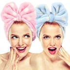Hairizone Cute Makeup Headbands for Face Wash Shower Spa Elastic Head Band with Soft Big Bow Hair Band for Women Wrap (Pink/Blue)