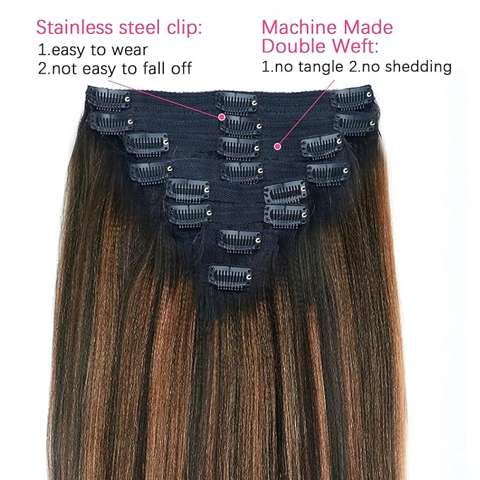T1BP1B/30 Omber Yaki Straight Clip in Hair Extensions Real Human Hair For Women Highlight Hair Extensions Kinky Straight Clip ins(24inch)