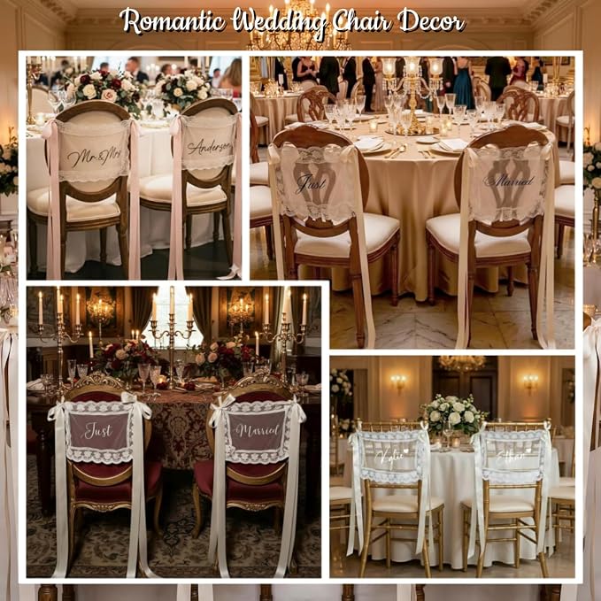 Personalized Lace Sheer Wedding Chair Signs Set of 2, Custom Name or Just - Image 3