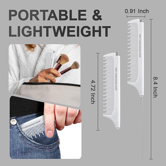 Rat Tail Combs for Parting, Protable Retractable Rat Tail Comb, Parting Combs for Hair Stylist, Fine Tooth Teasing Comb Stainless Steel Pin Tail, Easy to Carry (White)