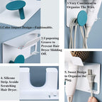 Hair Dryer Stand Holder Wall Mounted, New Upgrade Punching Or Nails-Free Glue Two Ways Blow Dryer Holder Rack Organizer for Dyson Supersonic Hair Dryer(White+Blue)