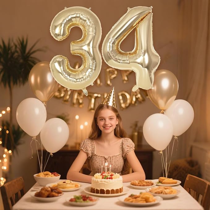 Champagne Large Number 34 Balloon, 40 Inch Light Gold Foil Helium Number - Image 4