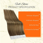Full Shine Tape in Hair Extensions Color 4 Brown with 27 Blonde Highlights Remy Tape Ins Hair Human Hair Extensions Seamless Extensions 12 Inch Short Hair 20Pcs 30Grams Add Volume