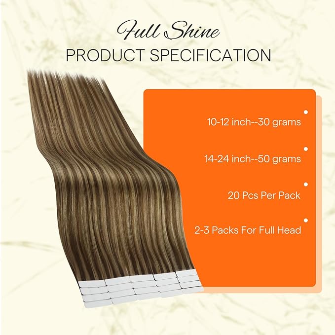 Full Shine Tape in Hair Extensions Color 4 Brown with 27 Blonde Highlights Remy Tape Ins Hair Human Hair Extensions Seamless Extensions 12 Inch Short Hair 20Pcs 30Grams Add Volume